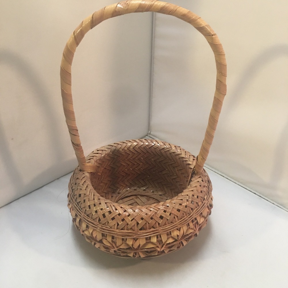 Woven Bamboo Basket Unisex Small Tan Handcrafted Boho Decor Cottagecore